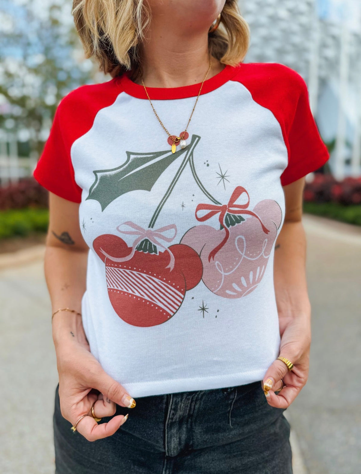 Holiday Cherries Raglan Crop Tee