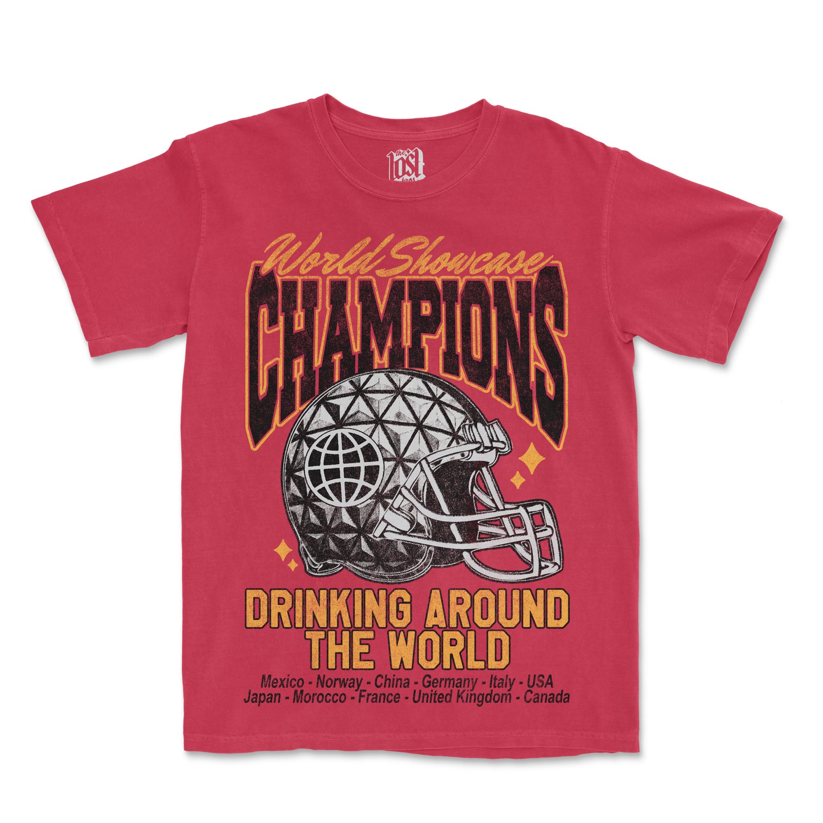 Red t-shirt with football helmet graphic and text on a white background
